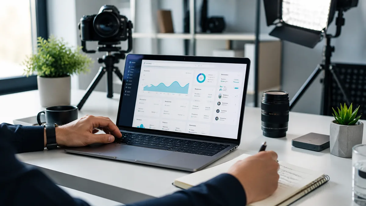 Photorealistic image of a SaaS demo video setup with a laptop dashboard, camera and studio light.