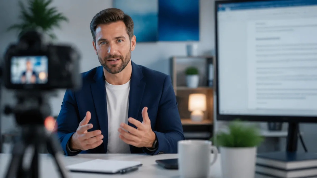 Photorealistic image of a business spokesperson speaking to camera with a blurred script on a nearby screen.