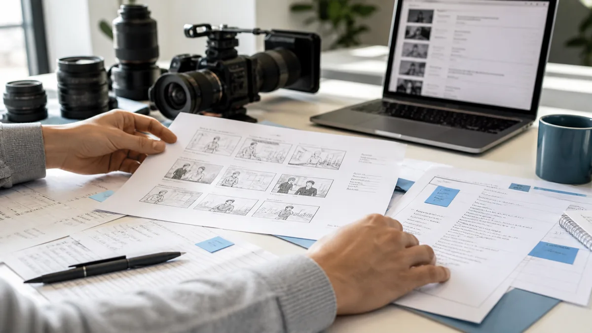 Photorealistic image of a video producer planning a shoot with storyboard sheets, camera gear and a laptop.