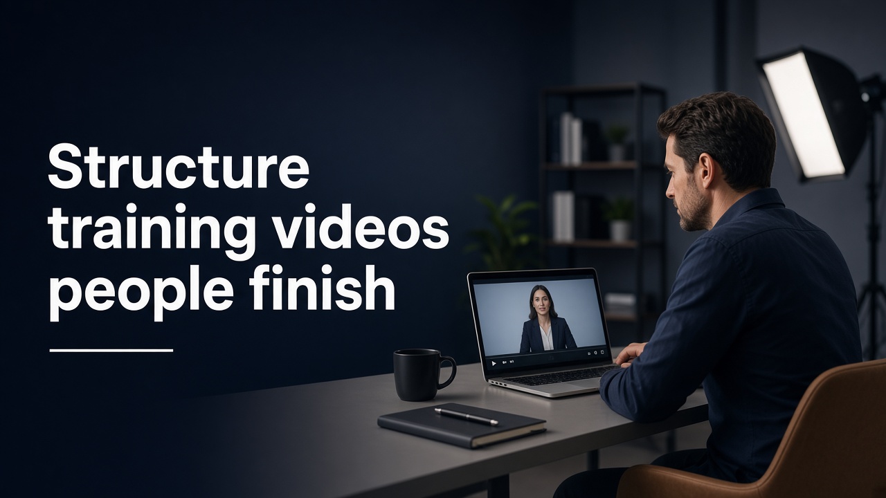 Professional watching a training video on a laptop with the headline Structure training videos people finish.