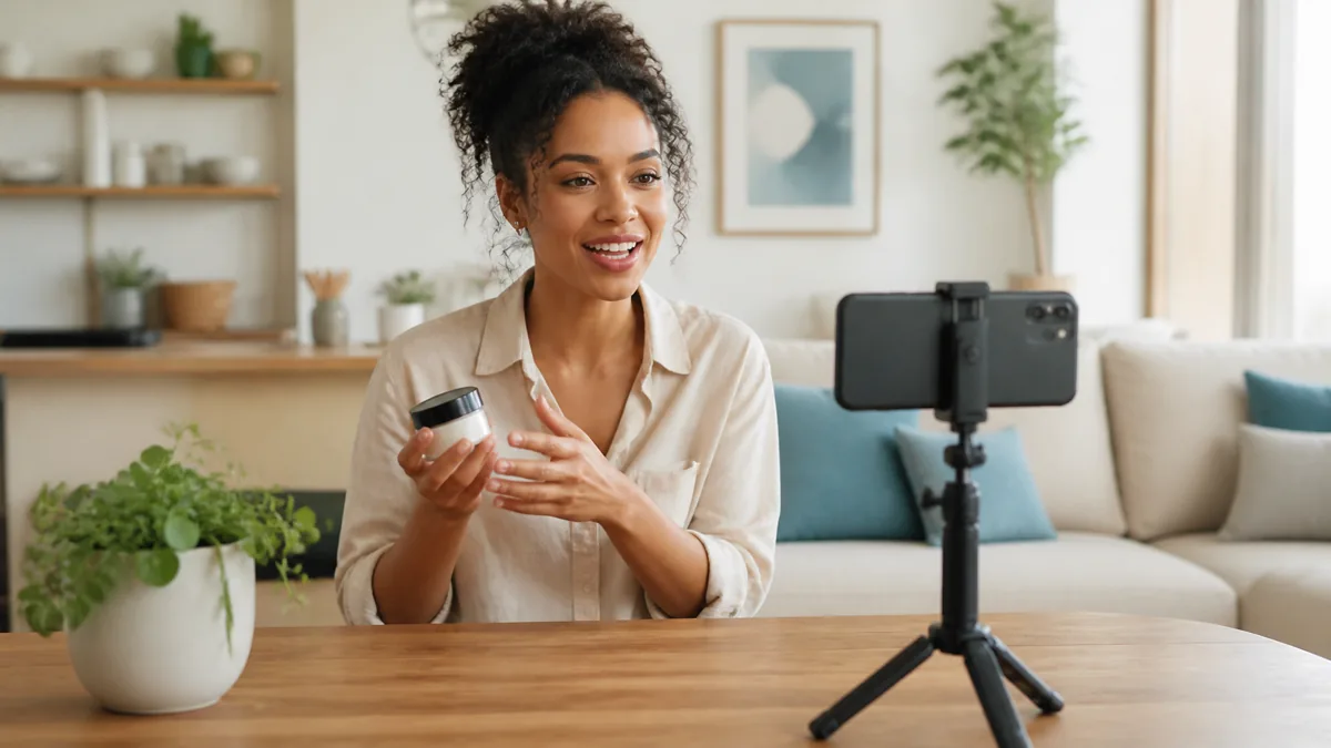 Photorealistic image of a creator recording a natural product testimonial in a bright home setting.